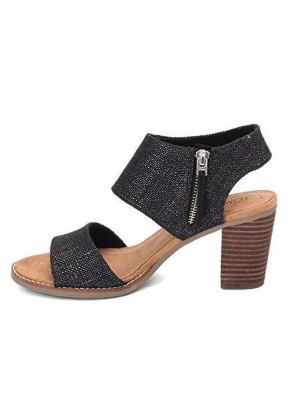 Toms Majorca Cutout Heels in Black Foil Woven Size 7